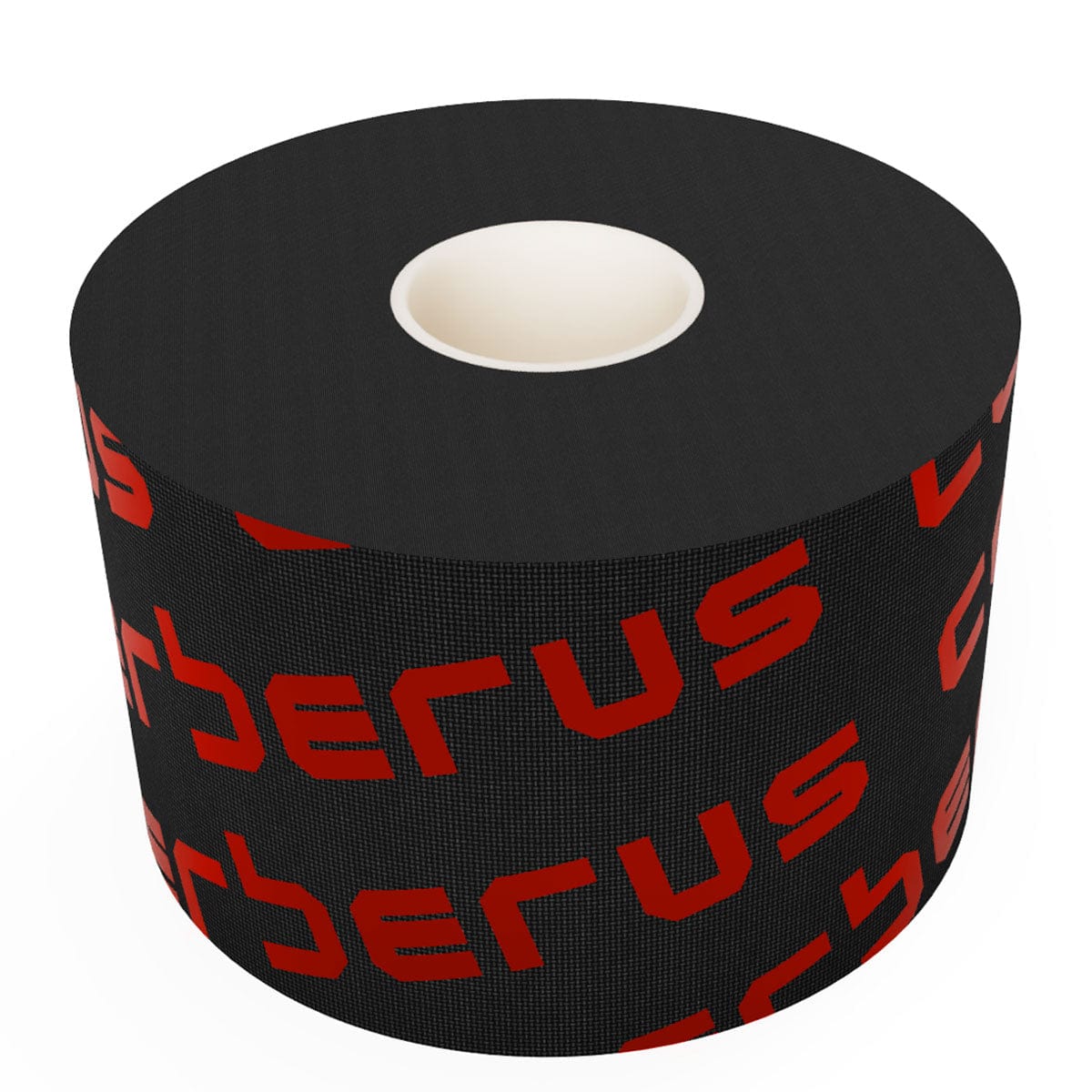 Roll of black tape with red 'CERBERUS' branding on a white background