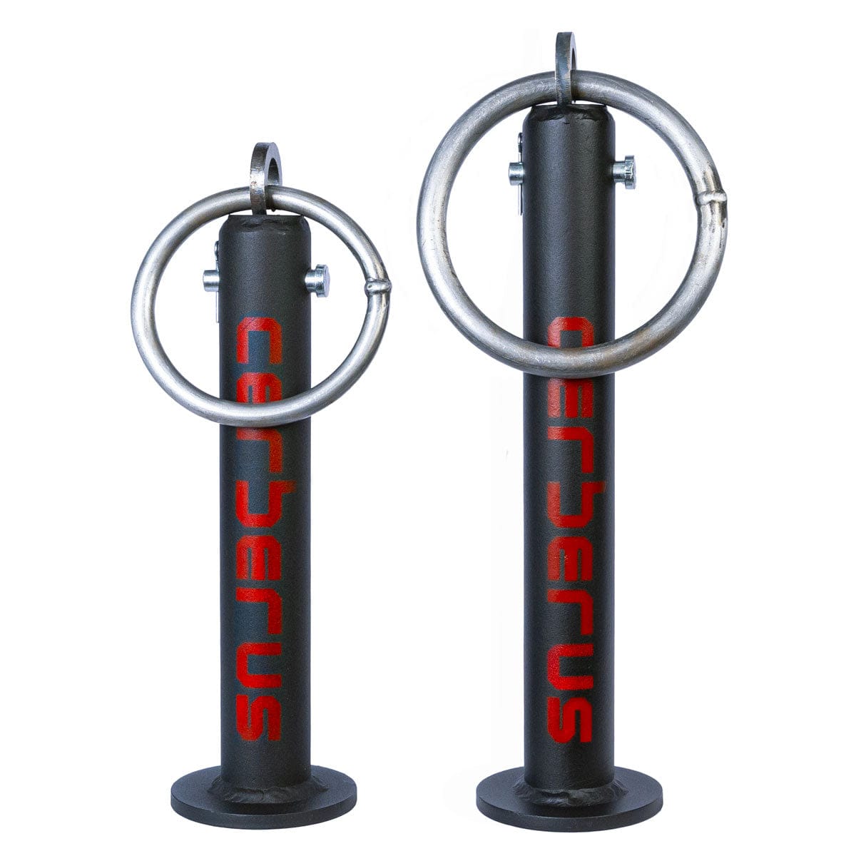 Two black metal handles with the brand name 'CERBERUS' written in red, designed for strength training exercises.
