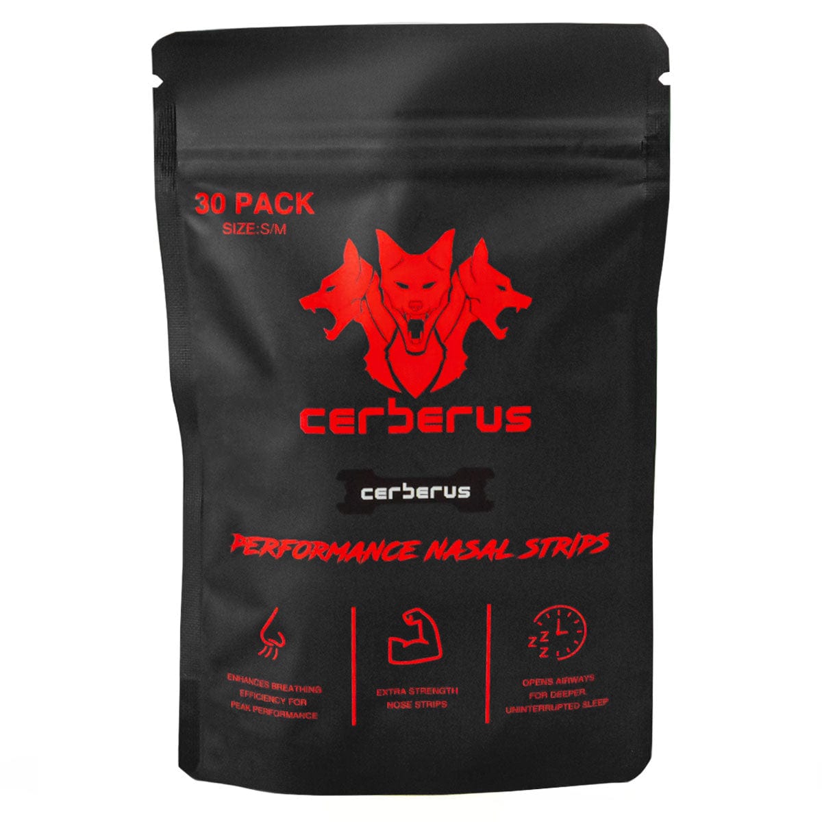 Black packaging of Cerberus Performance Nasal Strips with red text and graphics on a white background