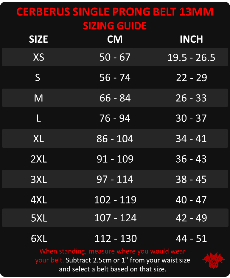 Cerberus single prong 13mm belt sizing guide - Cerberus-strength