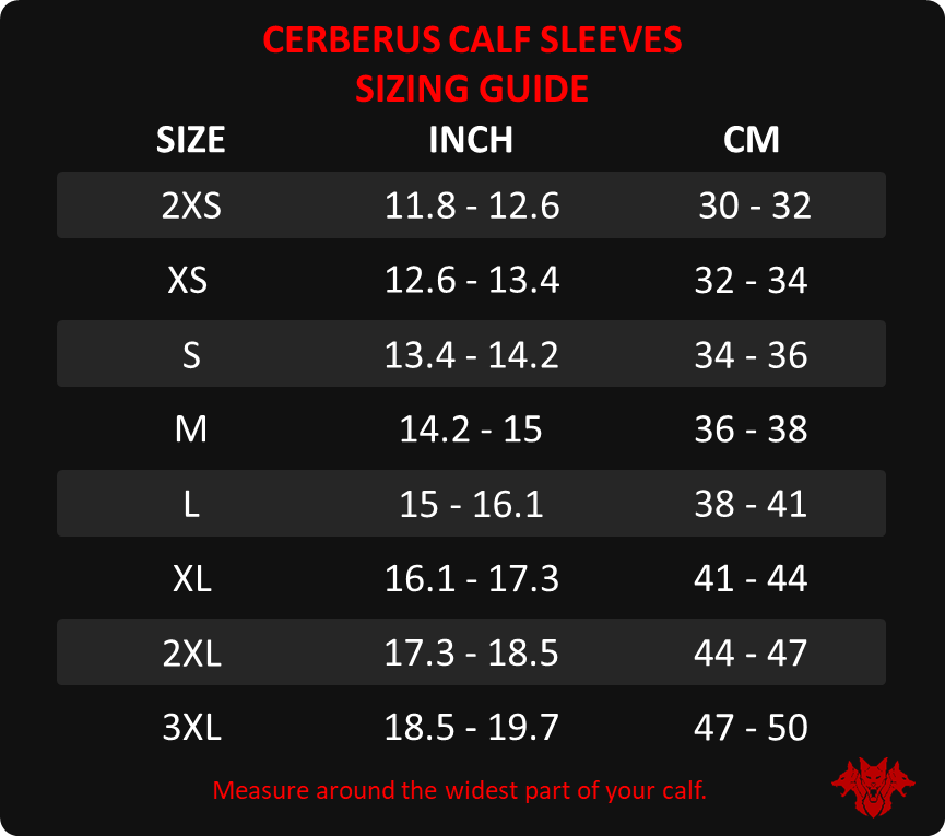 Cerberus calf sleeves sizing guide - Cerberus-strength