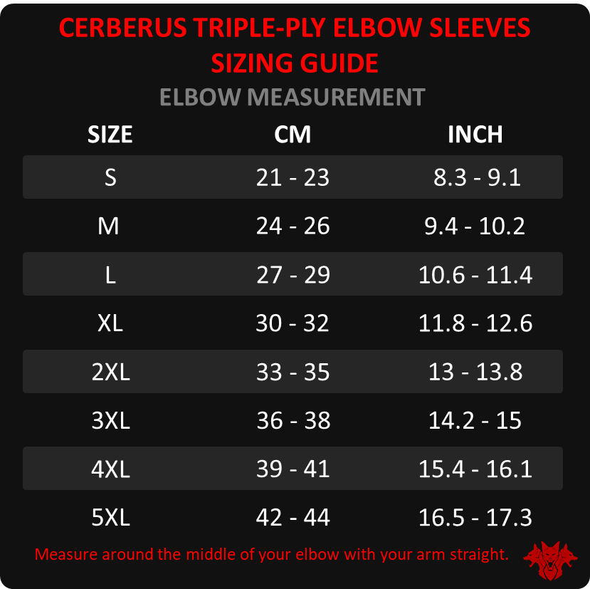 Cerberus triple ply elbow sleeves sizing guide - Cerberus-strength