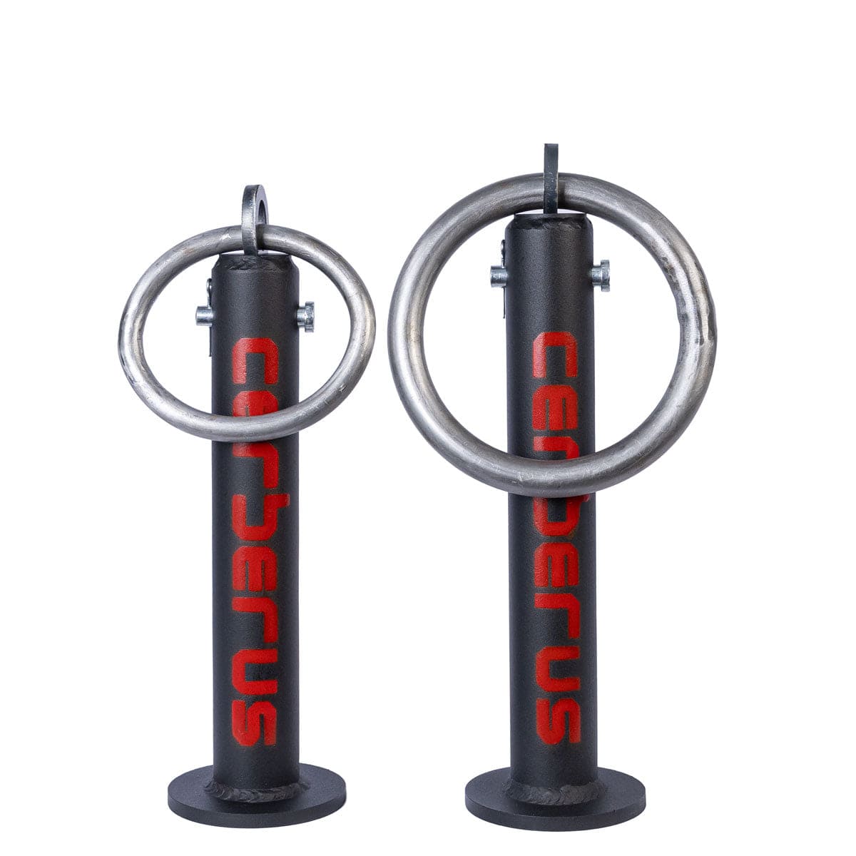 Two black ring-shaped metal weights with 'CERBERUS' text on them, designed for strength training.