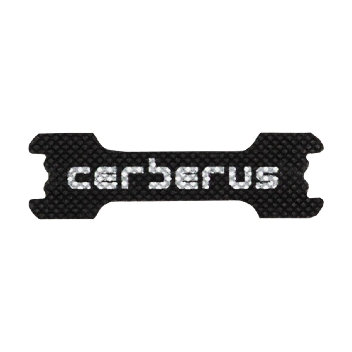 Carbon fiber patterned decal with 'cerberus' text on a white background