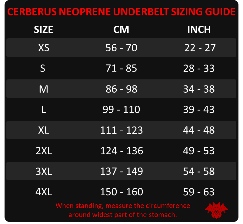 Cerberus neoprene underbelt sizing guide - Cerberus-strength